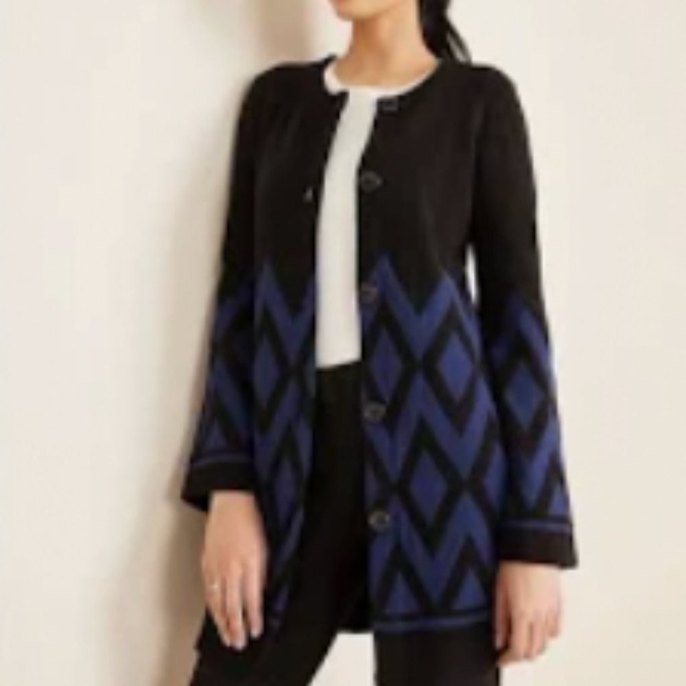Ann Taylor black "coatagin" with blue diamond design